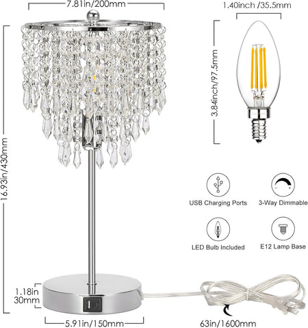 Touch Control Crystal Table Lamp with Dual USB Charging Ports, 3-Way Dimmable Bedside Touch Lamp Decorative Nightstand Lamp with Elegant Lamp Shade for Living Room Bedroom, B11 LED Bulb Included