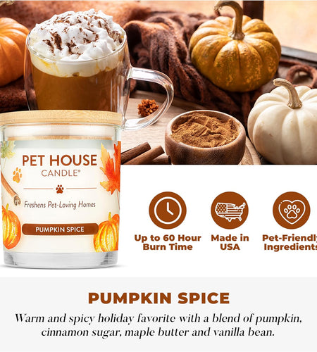 - 100% Natural Soy Wax Candle - Pet Odor Eliminator, up to 60 Hours Burn Time, Non-Toxic, Eco-Friendly Reusable Glass Jar Scented Candles – Pumpkin Spice - Pack of 2
