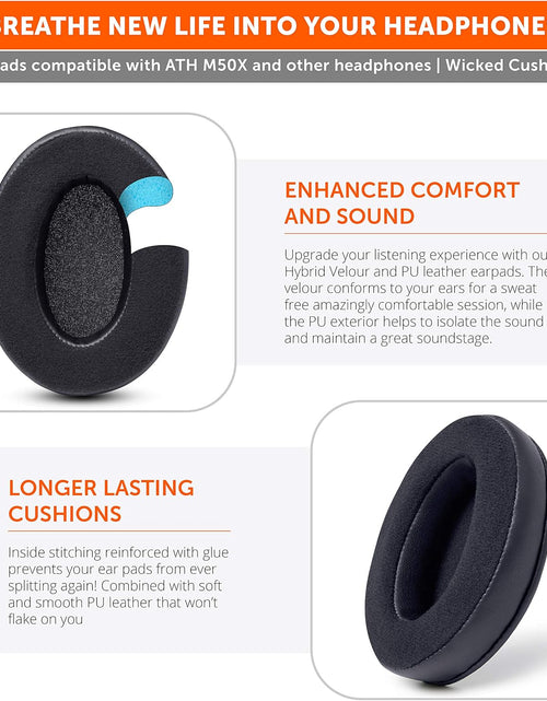 Load image into Gallery viewer, Wicked Cushions Velour Replacement Earpads for ATH M50X - Compatible with ATH M40X / M50XBT / Hyperx Cloud 1 &amp; 2 / Steelseries Arctis 3/5 / 7 / 9X &amp; Pro/Stealth 600 &amp; More (Black)
