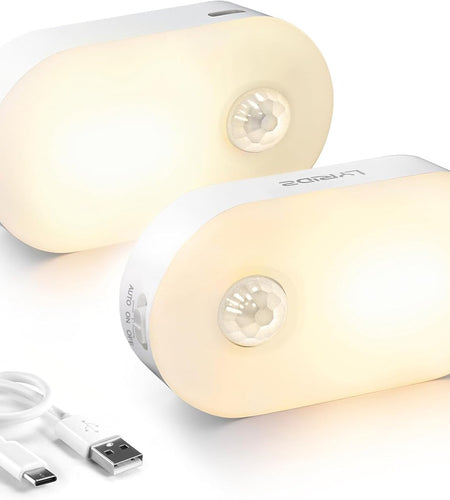 Rechargeable Battery Night Light with Motion Sensor, Portable Mini Warm White LED Stick-On Closet Light, Adjustable Brightness for Bathroom, Bedroom, Kitchen, Cabinet, Stairs, Hallway, 2-Pack
