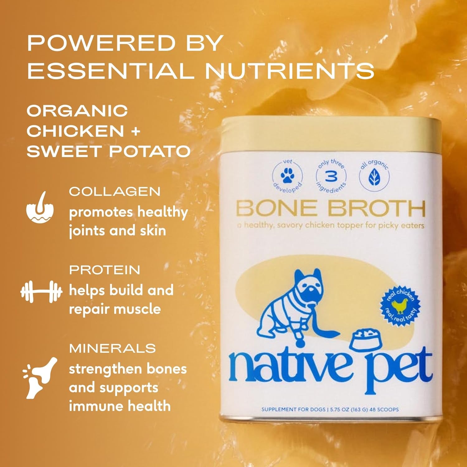Bone Broth for Dogs and Cats – Dog Bone Broth Powder for Dog Food Topper for Picky Eaters – Cat and Dog Broth - Dog Gravy Topper for Dry Food – Chicken Broth for Dogs and Cast – 11.5 Oz