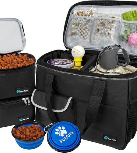 Dog Travel Bag | Airline Approved Tote Organizer with Multi-Function Pockets, Food Container Bag and Collapsible Bowl | Perfect Weekend Pet Travel Set for Dog, Cat